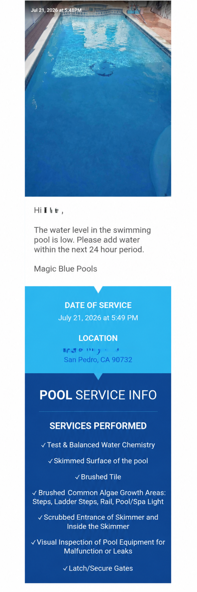 Magic Blue Pools service report sample on a tablet