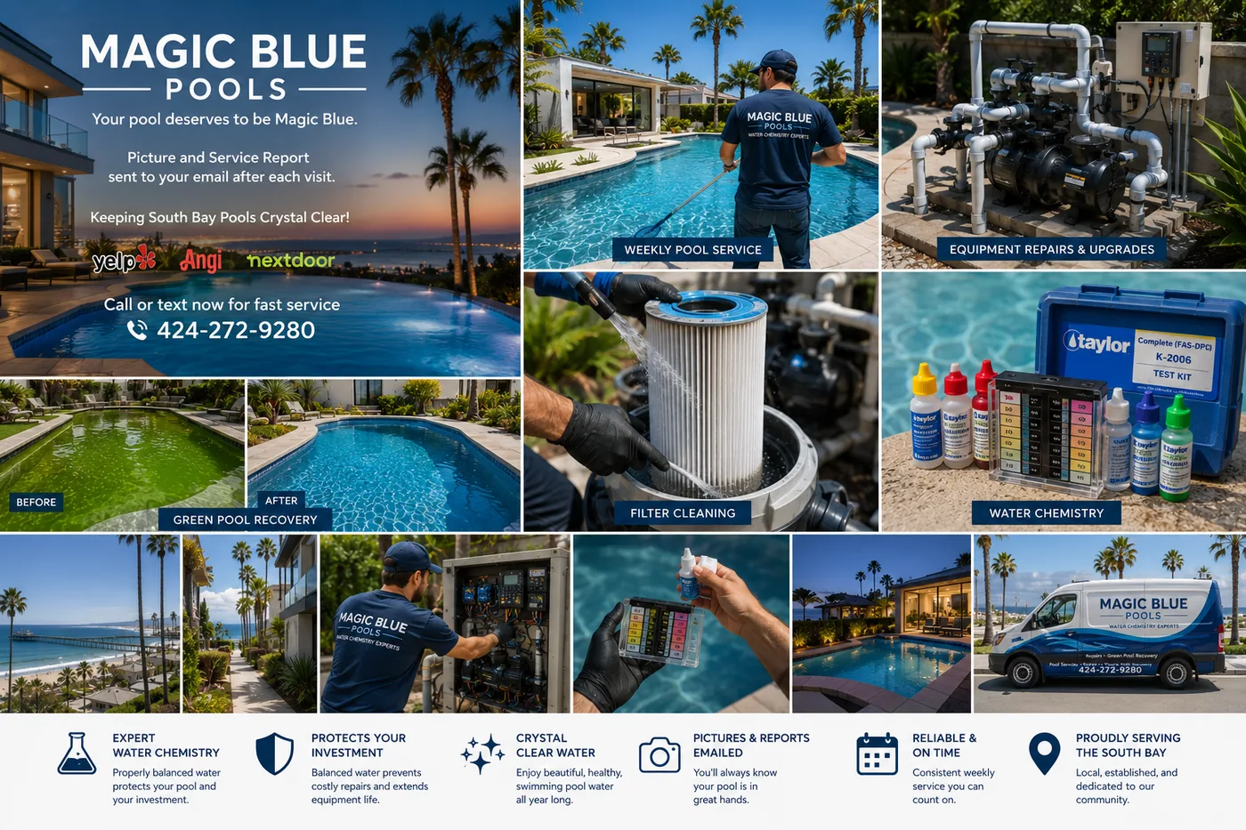 Pool service report showing before and after photos